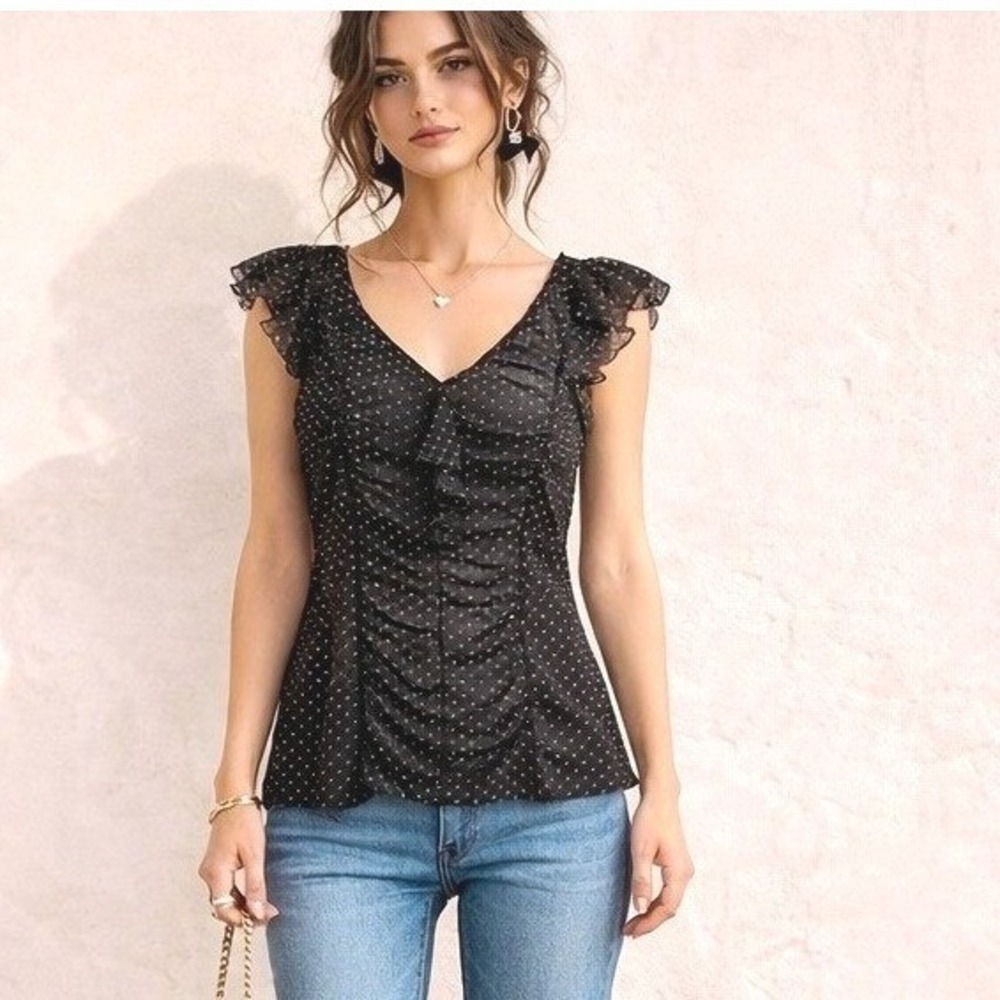 Vintage Y2K Sheer Mesh Polka Dot Top Medium Ruffle Ruched Indie Sleaze Coquette‎